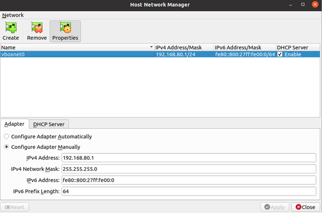 Showcases the host adapter settings with the adapter being given the IP '192.168.80.1' also showcases the DHCP settings for the host adapter, allocating '192.168.80.2' to the DHCP server and the rest of the IPs in the network to virtual hosts