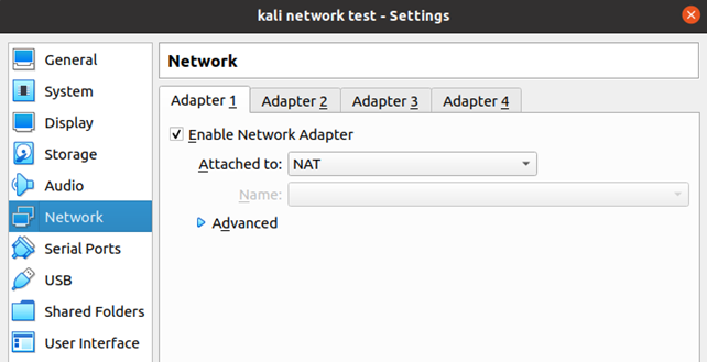 Showcases the NAT adapter being enabled on the first virtual machine
