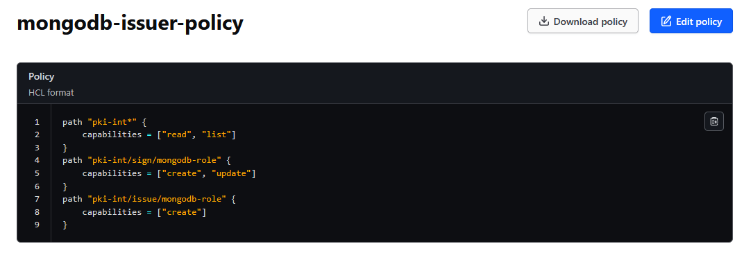 Showcases the authorisation policy for retrieving the MongoDB certificates on Vault
