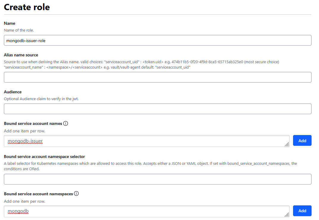 Showcases the Kubernetes policy for retrieving the MongoDB certificates on Vault