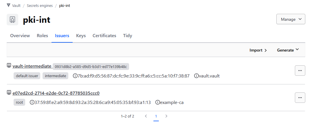 Showcases the certificate issuers avaliable on Vault